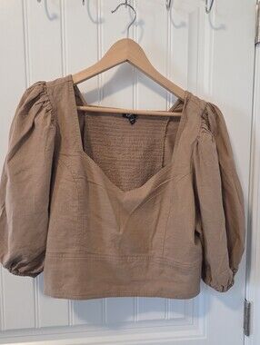 Express Linen Blend Puff Sleeve Smocked Crop Top Caramel XL Coastal Resort Wear